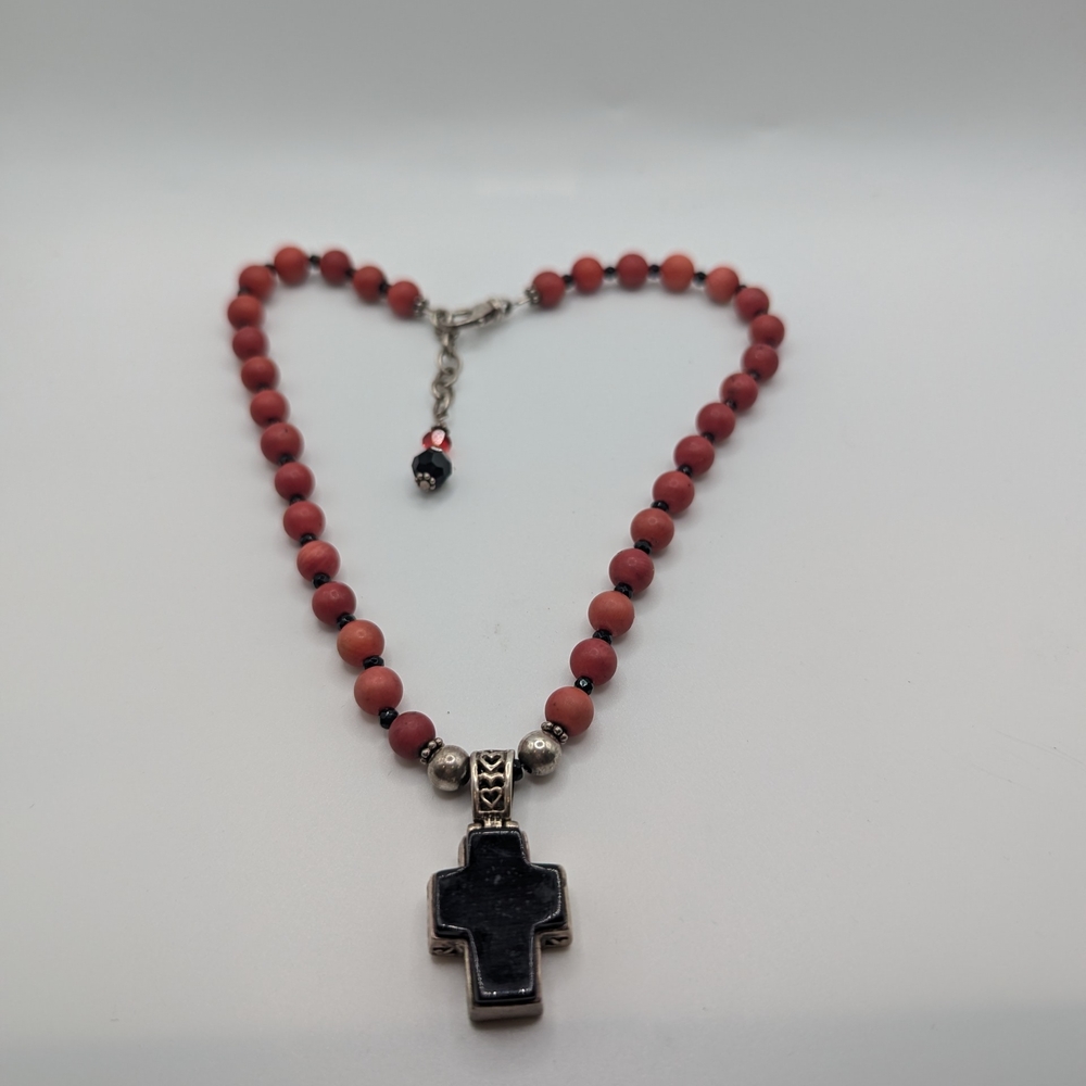 Elegant Black onyx Pendant With Red Coral And Onyx Bead Necklace With 925 Clasp
